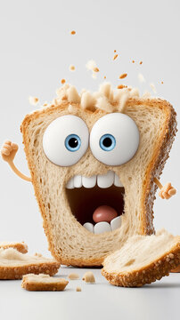 Happy slice of bread with cartoonish face and expressive mouth