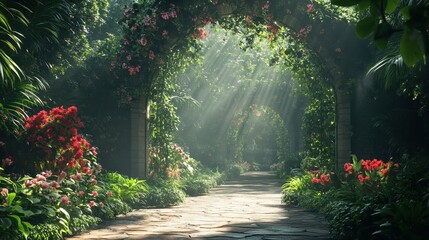 Fototapeta premium Enchanting garden pathway with sunlit floral arches