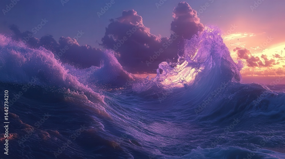 Poster as cool waves interact with light currents, they create a fluid, dynamic scene that feels both futur