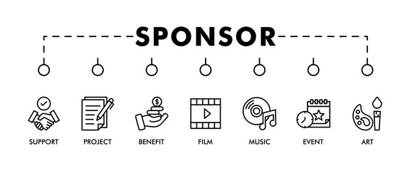 Sponsor banner web icon set vector illustration concept with icon of support, project, benefit, art, event, music, sport and film icons infographics symbol background