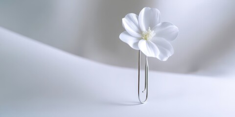 A white flower is sitting on top of a paper clip