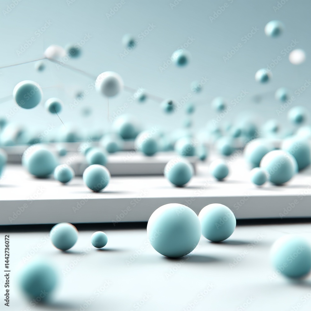 Poster abstract spheres and connected nodes on white platforms, a futuristic and minimalist composition in 