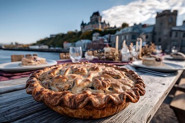 Obraz premium Traditional Quebec Tourti??re pie, rich with savory fillings, resting on a rustic table with the majestic Quebec City fortress as the perfect backdrop, embodying rustic Canadian charm. 