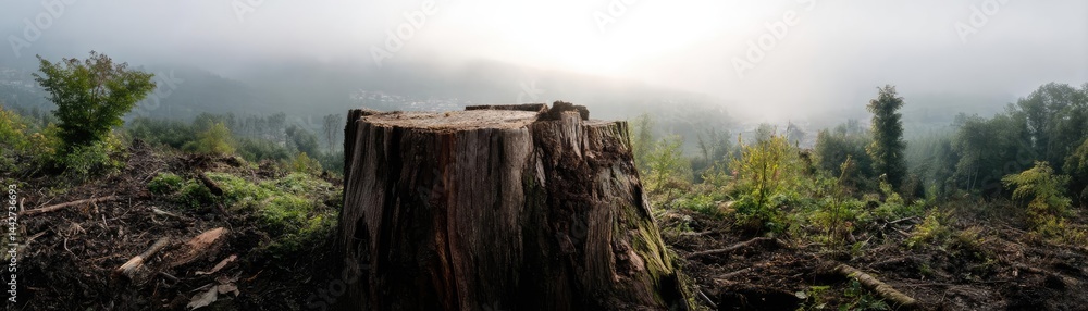Poster tree stump demonstrating illegal logging and ecosystem damage concept. a serene view of a tree stump