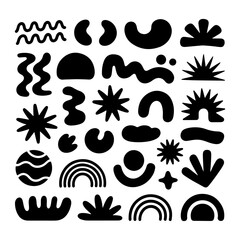 Abstract Nature Motif Modern Boho. An abstract black shape combining natural motifs like sunbursts, plants, hills, rainbows, and waves, designed in a modern boho aesthetic.