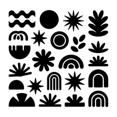 Abstract Nature Motif Modern Boho. An abstract black shape combining natural motifs like sunbursts, plants, hills, rainbows, and waves, designed in a modern boho aesthetic.