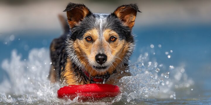 Dog retrieves a red disc in water