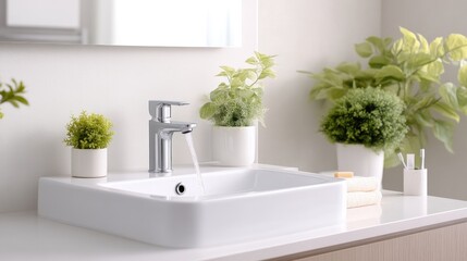Modern bathroom sink faucet with water
