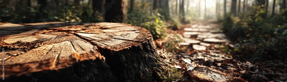 Poster tree stump demonstrating illegal logging and ecosystem damage concept. close-up of a tree stump amid