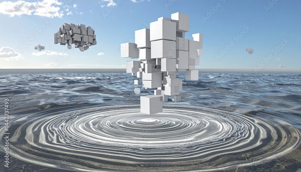 Poster dynamic cube formation above ocean surface abstract 3d art serene environment aerial view conceptual