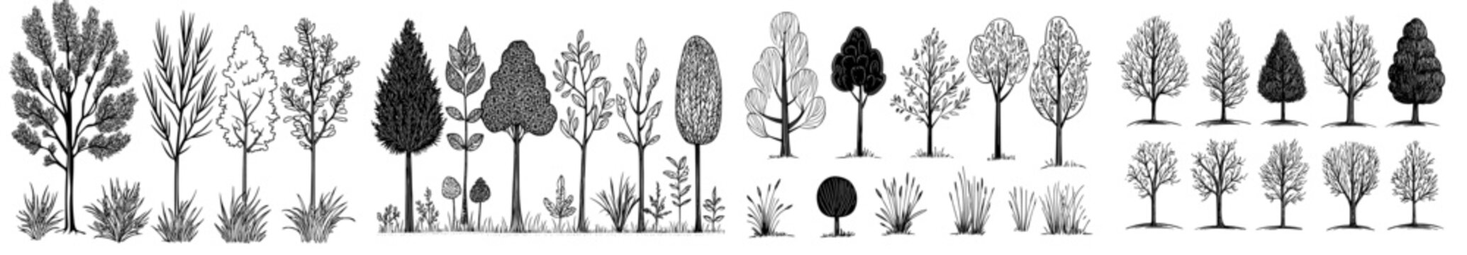 A gathering of trees, bushes, and plants in silhouette form ideal for landscaping and nature-inspired designs