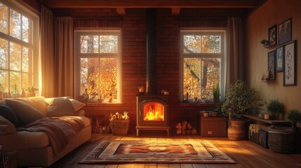 Cozy living room with fireplace and autumn view through windows
