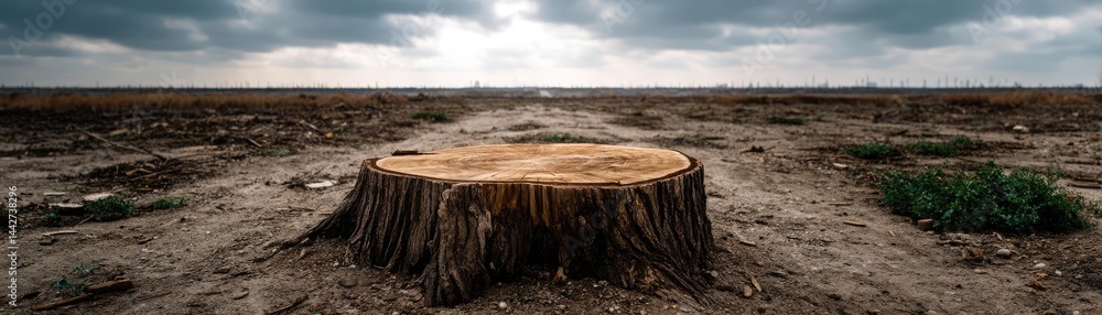 Poster tree stump demonstrating illegal logging and ecosystem damage concept. a solitary tree stump in a ba