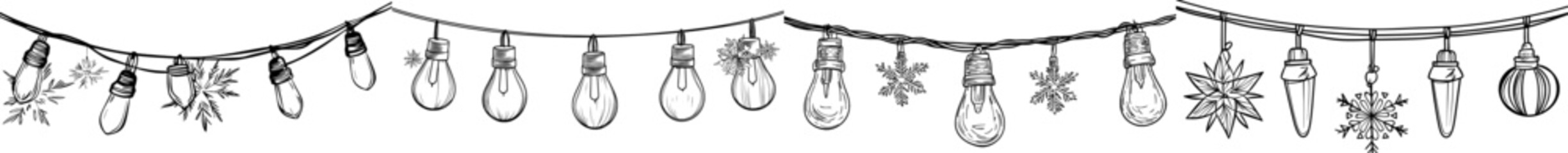 A festive assortment of black silhouette decorations, including Christmas lights, ornaments, and snowflakes, perfect for holiday-themed designs