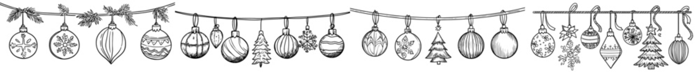 A set of black silhouette Christmas decorations featuring ornaments, garlands, and festive symbols ideal for holiday designs