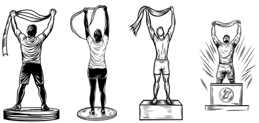 An athlete's silhouette is seen celebrating victory on a podium