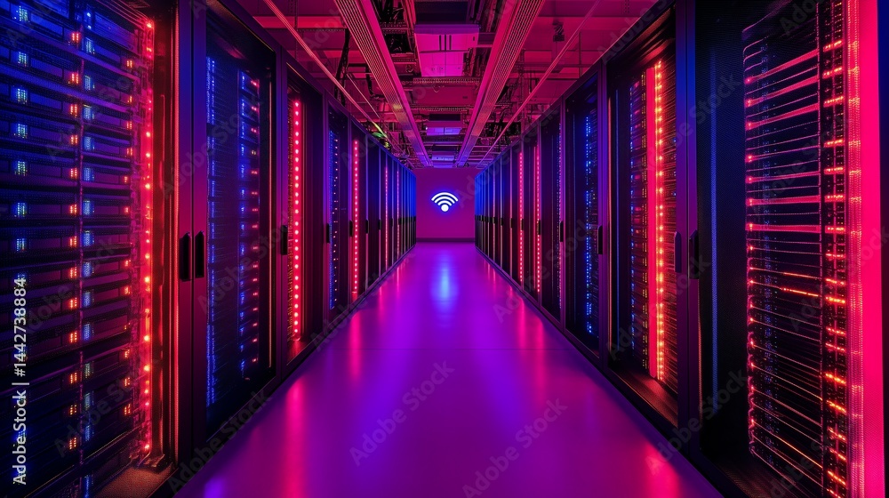 Aufkleber minimalist data center corridor with rack servers and high internet visualization projection