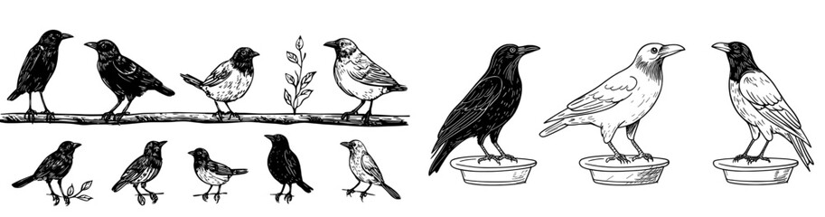 Obraz premium A collection of crow silhouettes showcasing different poses on a transparent backdrop