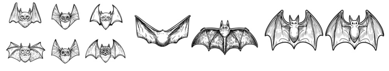 Bats in flight are silhouetted against a white backdrop, ideal for use in Halloween-themed designs