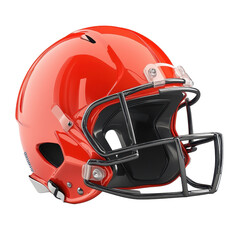 Fototapeta premium A glossy, vibrant orange football helmet with a black facemask, showcasing protective headwear for football players.