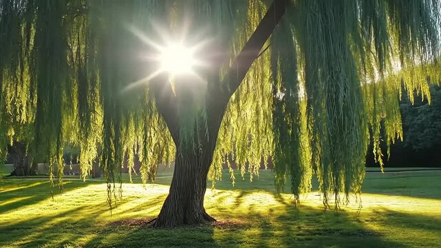 Serene willow tree bathed in golden light: a tranquil natural scene
