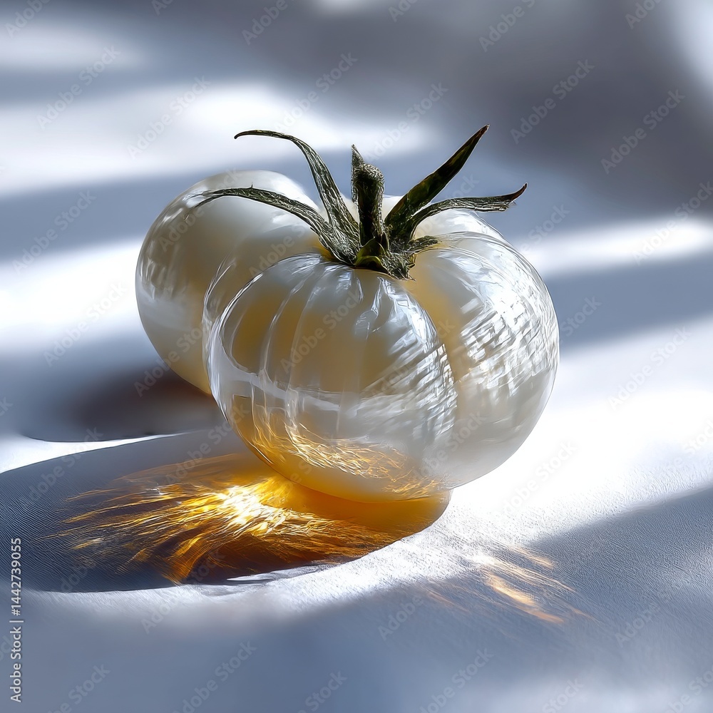 Poster A Luminous White Tomato: A Study in Light and Form, Highlighting the Produce's Unique Texture and Golden Reflections on a Soft White Surface