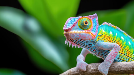 Fototapeta premium Colorful chameleon perched on a branch among lush green foliage