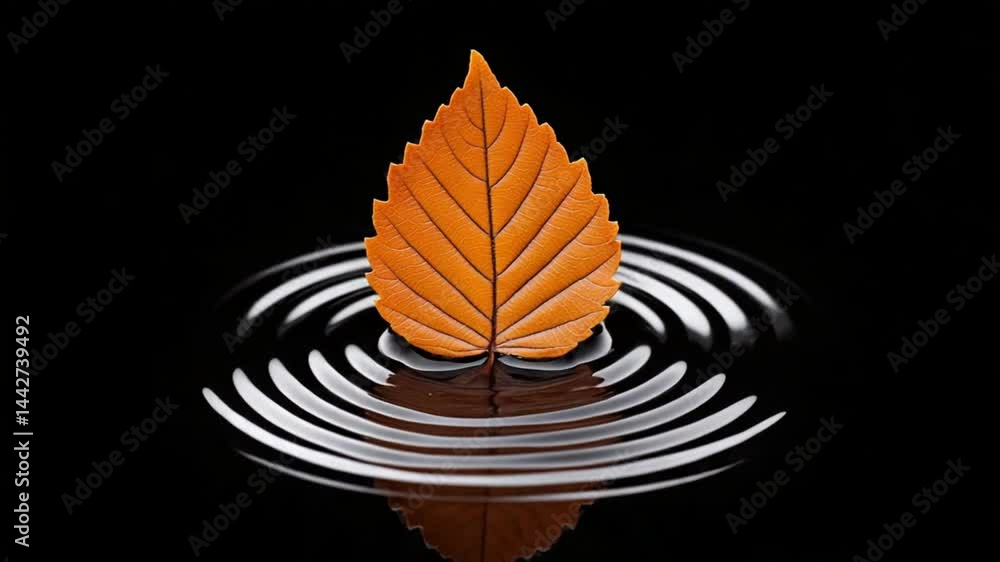 Poster orange leaf floating on calm water surface creating circular ripples in dark background