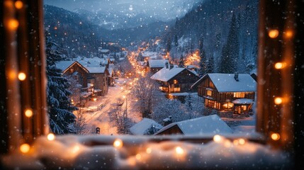 Obraz premium Cozy snowy mountain village at night with warm glowing lights and falling snowflakes in winter