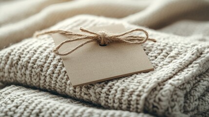 Beige sweater with blank tag, cozy autumn scene, online shop product photo