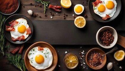 Fried Eggs with Bacon on Wooden Table