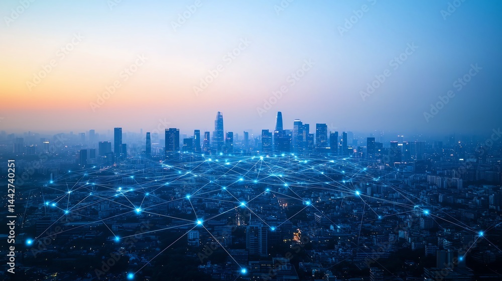 Poster modern smart city showcasing 5g and iot communication network, minimalistic design with copy space f