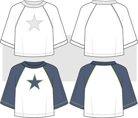 Oversize Raglan Half Sleeve T-Shirt with star print, fashion technical drawing, illustration. Front and back view, unisex CAD mockup set.