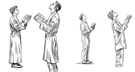 A man in a robe is depicted in a line drawing with his hands raised in prayer