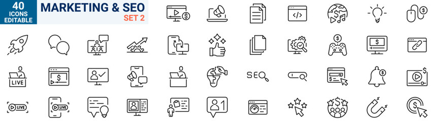 Marketing Growth line web icon set. Marketing icons for business. Communication, advertising, ecommerce, seo, content, product, target audience, website, social media and mor © Ruslan Ivantsov