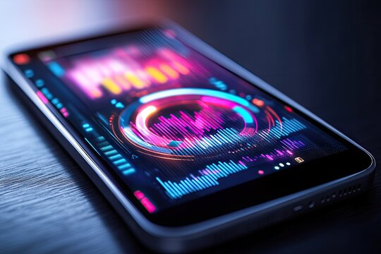 Smartphone displaying vibrant data visualizations  Detailed graphs, charts, and circular indicators highlight performance metrics