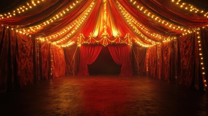 Opulent red and gold circus tent with elegant drapes and string lights