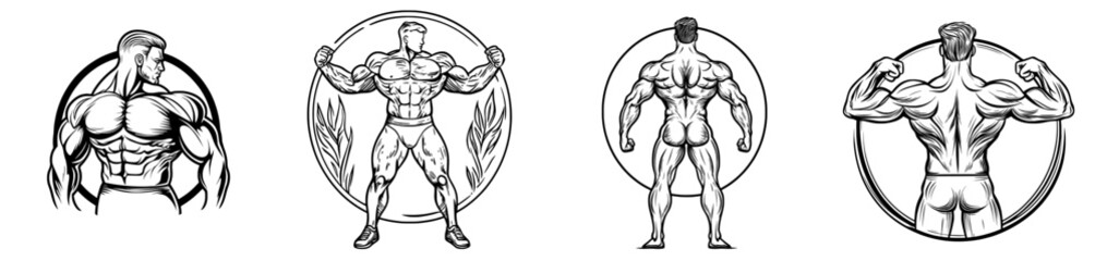 A muscular bodybuilder's silhouette is set within a circular emblem design