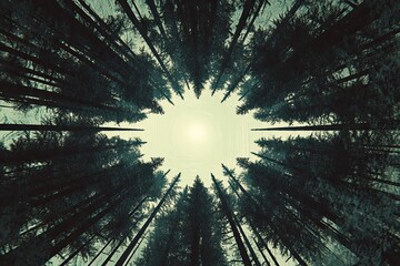 Looking up at a dense forest canopy, sunlight piercing through  Dark, tall trees form a circle around a bright center  Wintery, frosty atmosphere