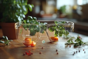 Transparent eyeglasses with overlaid digital information of plants and fruits on a wooden table in a kitchen setting  Visualizes augmented reality applications, 