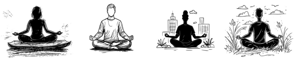 A person's silhouette is shown in a lotus yoga pose for meditation