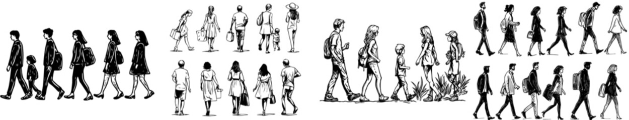 A compilation of silhouettes representing diverse individuals in a range of poses and actions, highlighting the variety of movement and fashion