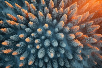 Aerial view of a frosty pine forest, with snow-covered, cone-shaped trees radiating outwards from a central point  Warm sunlight highlights the upper portion of the trees, creating a gradient effect