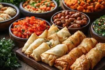 Delicious Assortment of Appetizers Served on Wooden Table