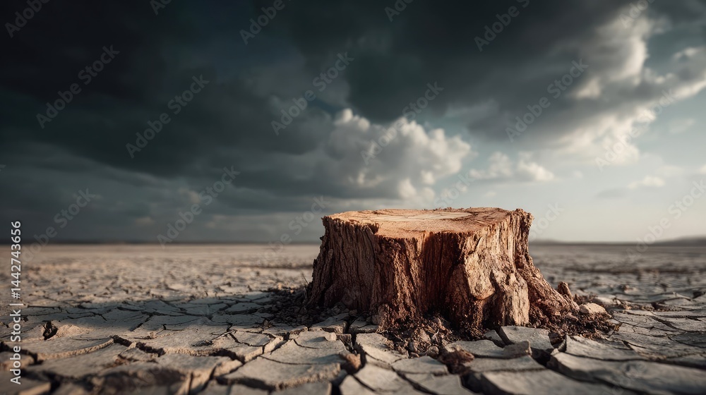 Poster tree stump demonstrating illegal logging and ecosystem damage concept. a lone tree stump against a c