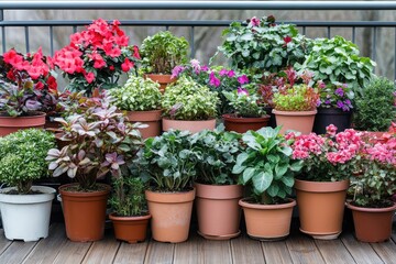 Assorted potted plants on a balcony  A variety of flowering and leafy plants in various colored pots arranged on a wooden deck