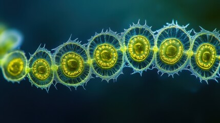 Microscopic view of green algae cells in a spiral arrangement