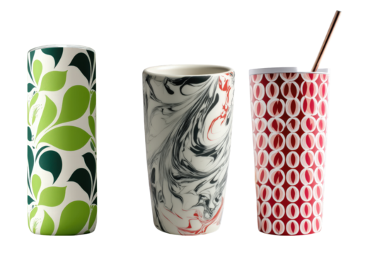 Three Decorative Mugs isolated on a transparent background