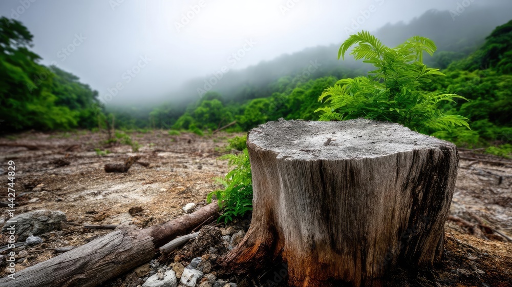 Poster tree stump illustrating the impact of human activity on forests concept. a serene view of a tree stu