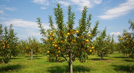 Abundant yellow fruit tree in orchard